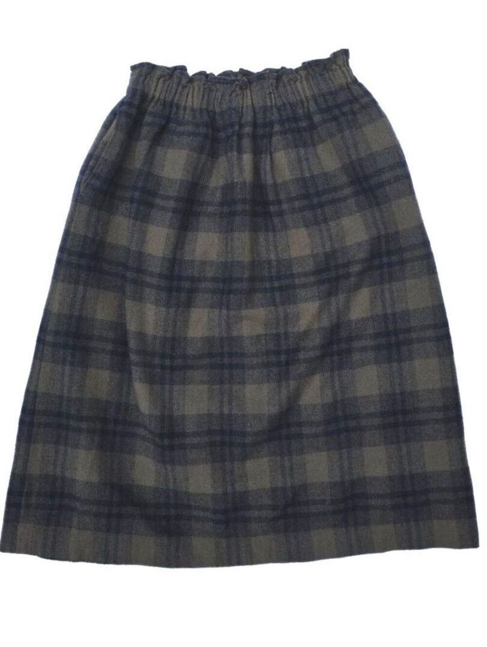 Reworked Vintage Plaid Wool Midi Skirt Soft Elastic Paperbag Waist M L XL